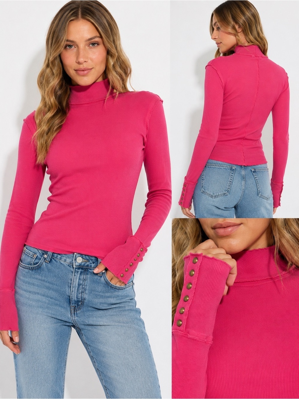 We The Free Ribbed Mock Neck Thermal Top Small Pink Raw Edge Studded Cuff Boho